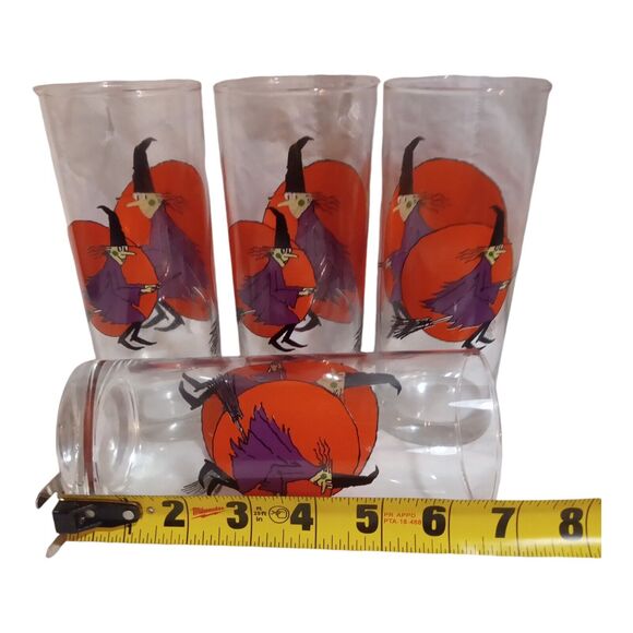 4 Vtg Halloween Highball Glasses~ Moon ~ Drinking Glasses~ Witch Riding Broom - Picture 5 of 10